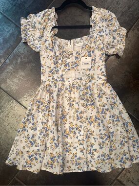 Altar'd State White Floral Puff-Sleeve Mini Dress with Blue & Yellow Blossoms